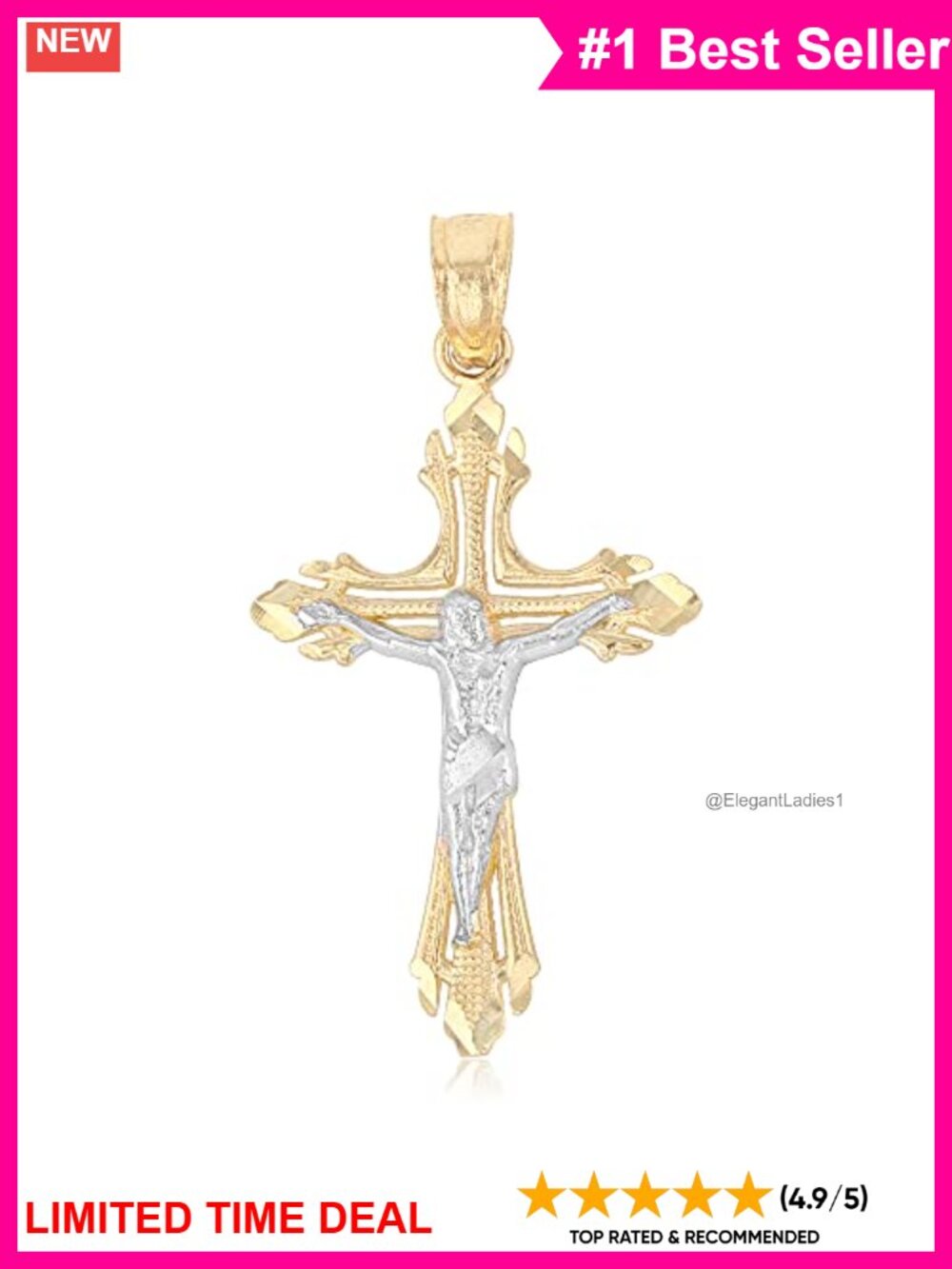 14K Solid Two Tone Gold Crucifix Cross Pendant 25mm Small Religious Charm